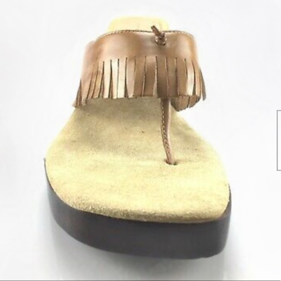 Camel Brown Wood Heel Slip On Fringe Sandals - Picture 3 of 8